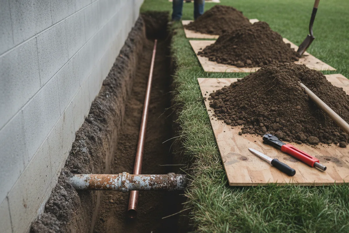 Excavated water line trench during Water Heater Repair in Edward